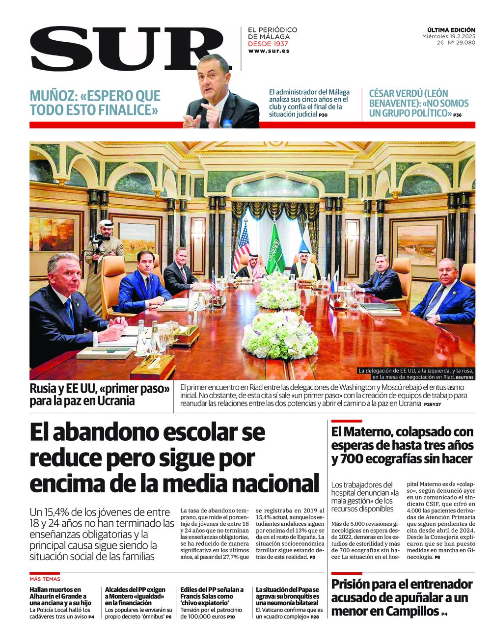 Portada de SUR, 19 de Febrero de 2025