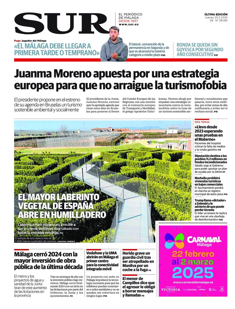 Portada de SUR, 20 de Febrero de 2025