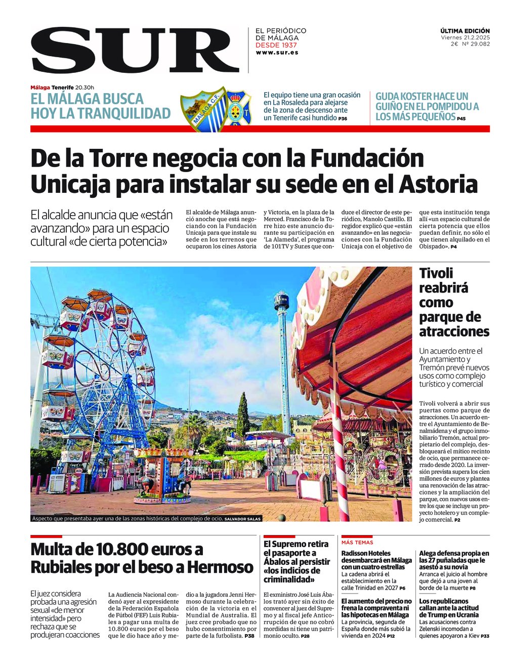 Portada de SUR, 21 de Febrero de 2025