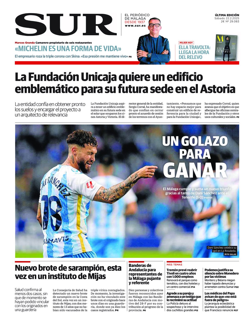 Portada de SUR, 22 de Febrero de 2025