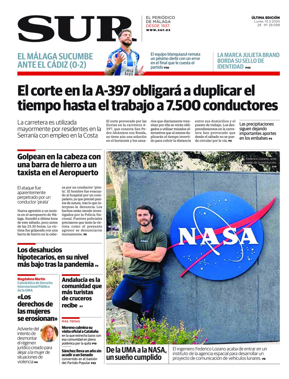 Portada de SUR, 10 de Marzo de 2025