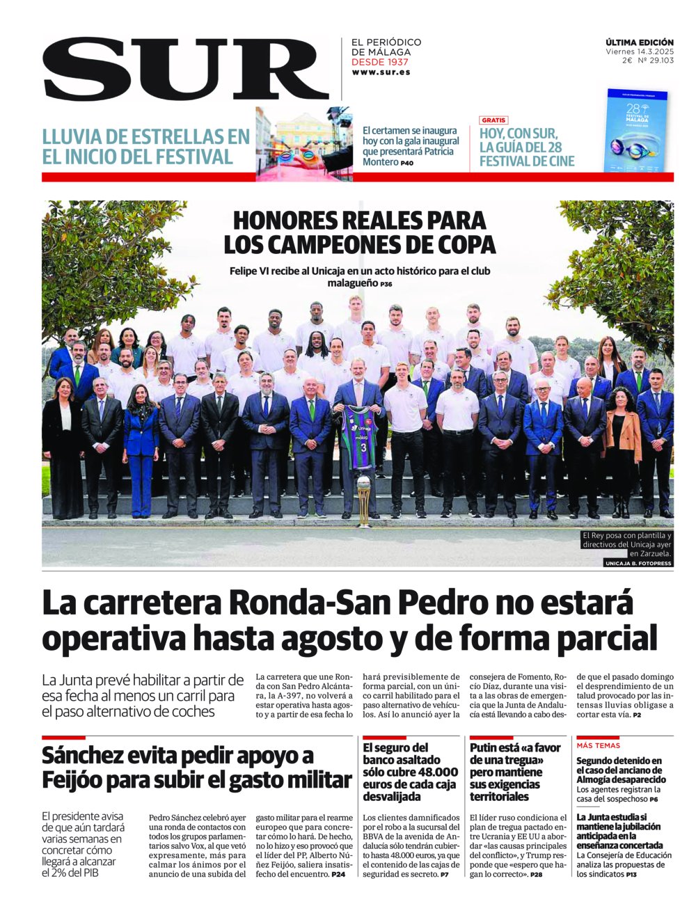 Portada de SUR, 14 de Marzo de 2025