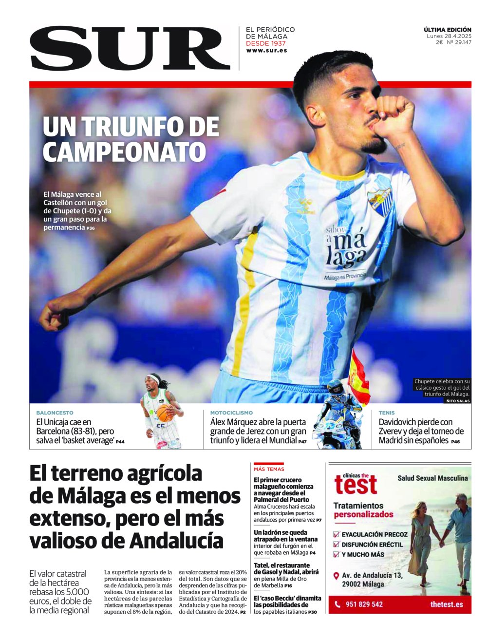 Portada de SUR, 28 de Abril de 2025