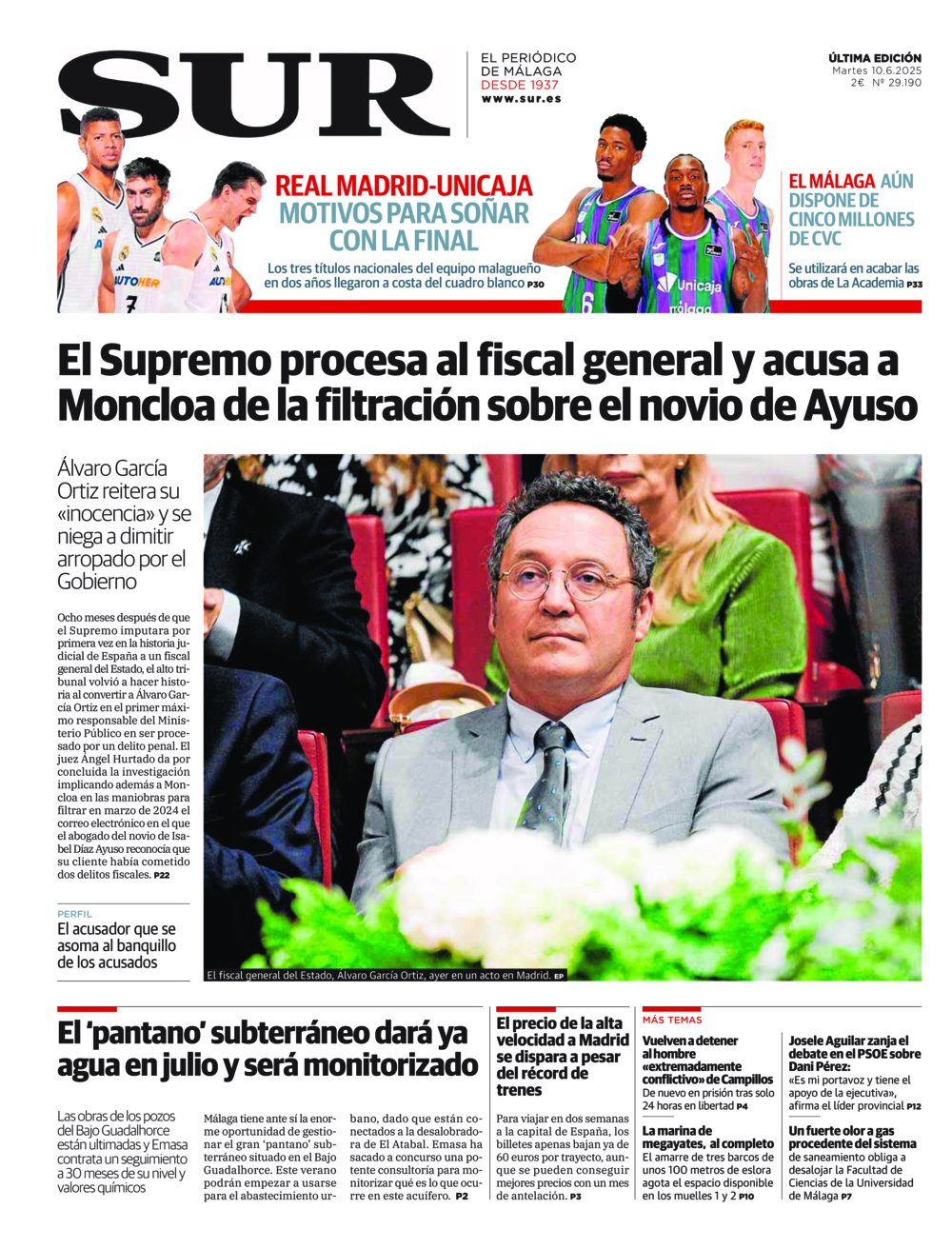 Portada de SUR, 10 de Junio de 2025