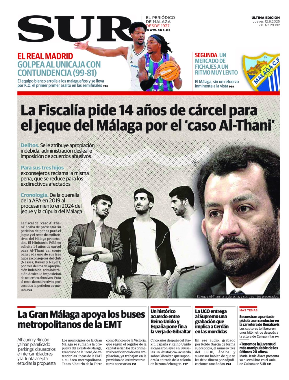 Portada de SUR, 12 de Junio de 2025