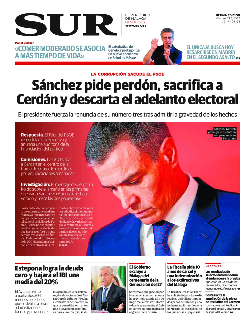 Portada de SUR, 13 de Junio de 2025