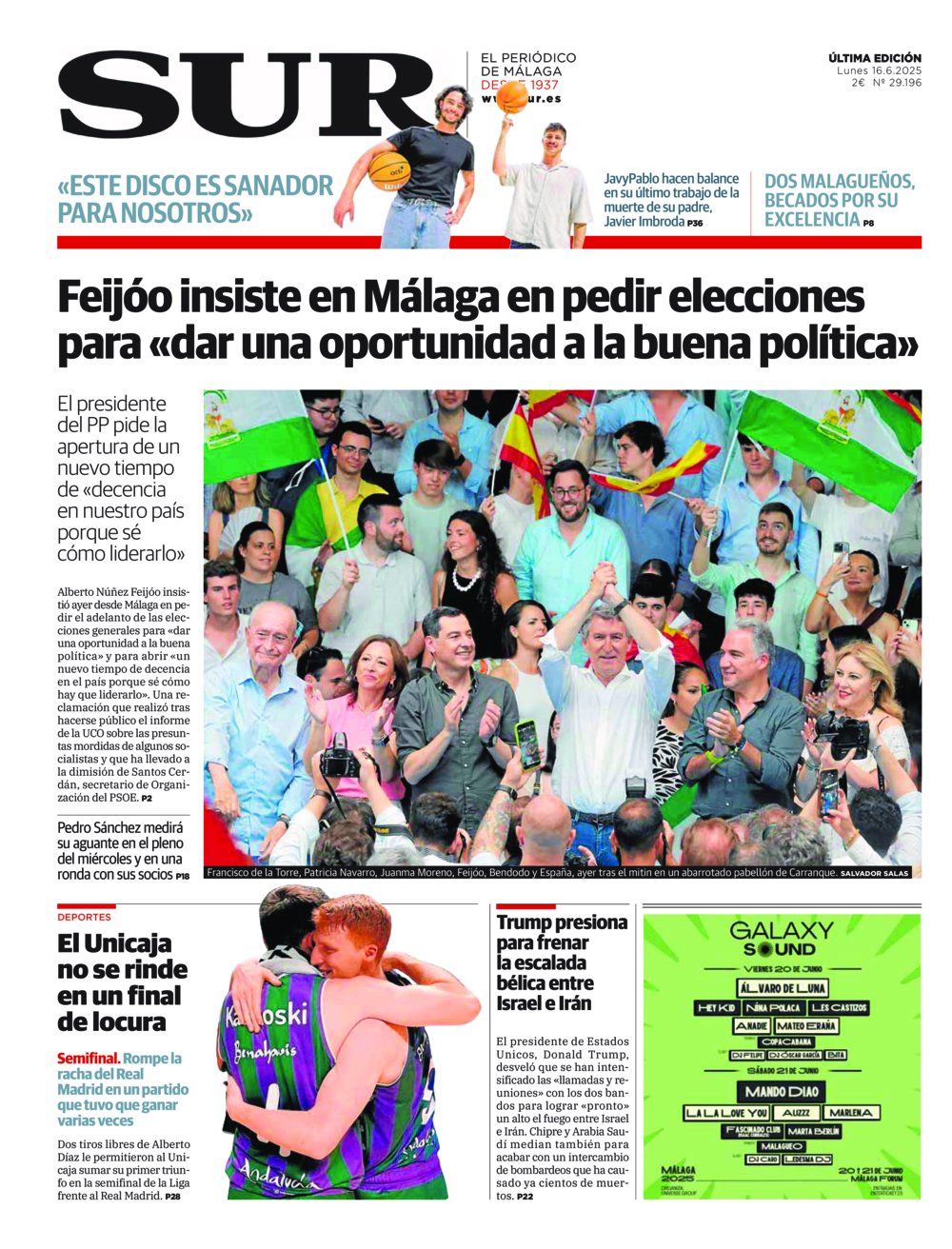 Portada de SUR, 16 de Junio de 2025