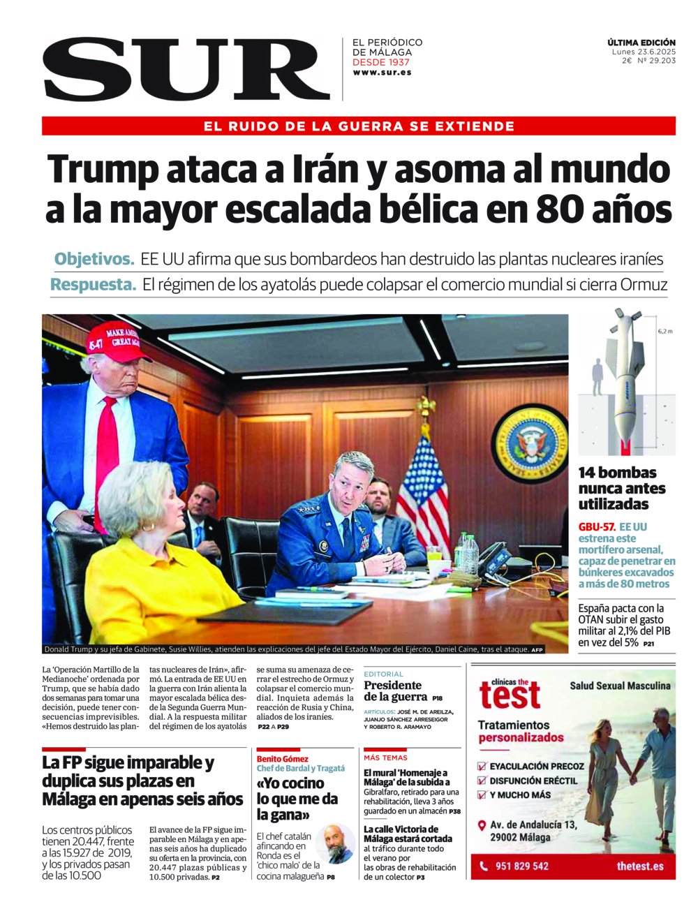 Portada de SUR, 23 de Junio de 2025
