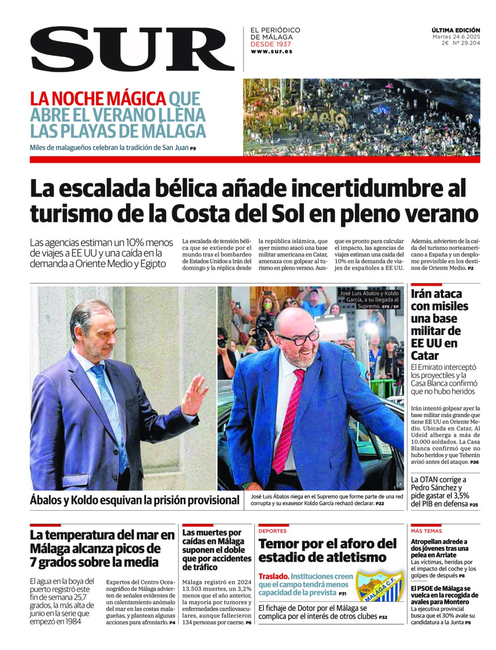 Portada de SUR, 24 de Junio de 2025