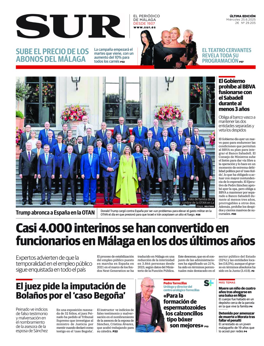 Portada de SUR, 25 de Junio de 2025