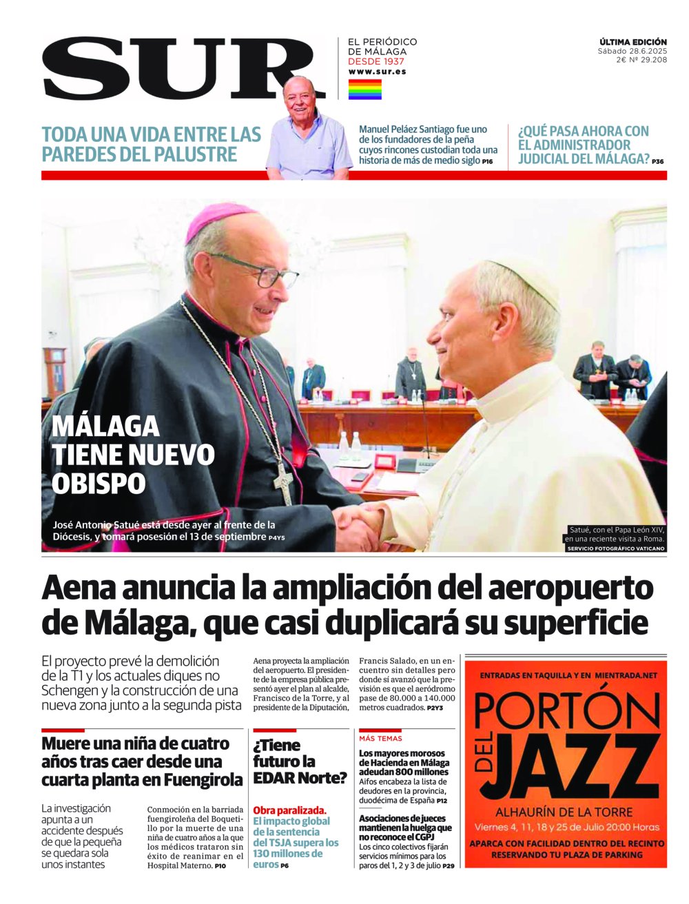 Portada de SUR, 28 de Junio de 2025