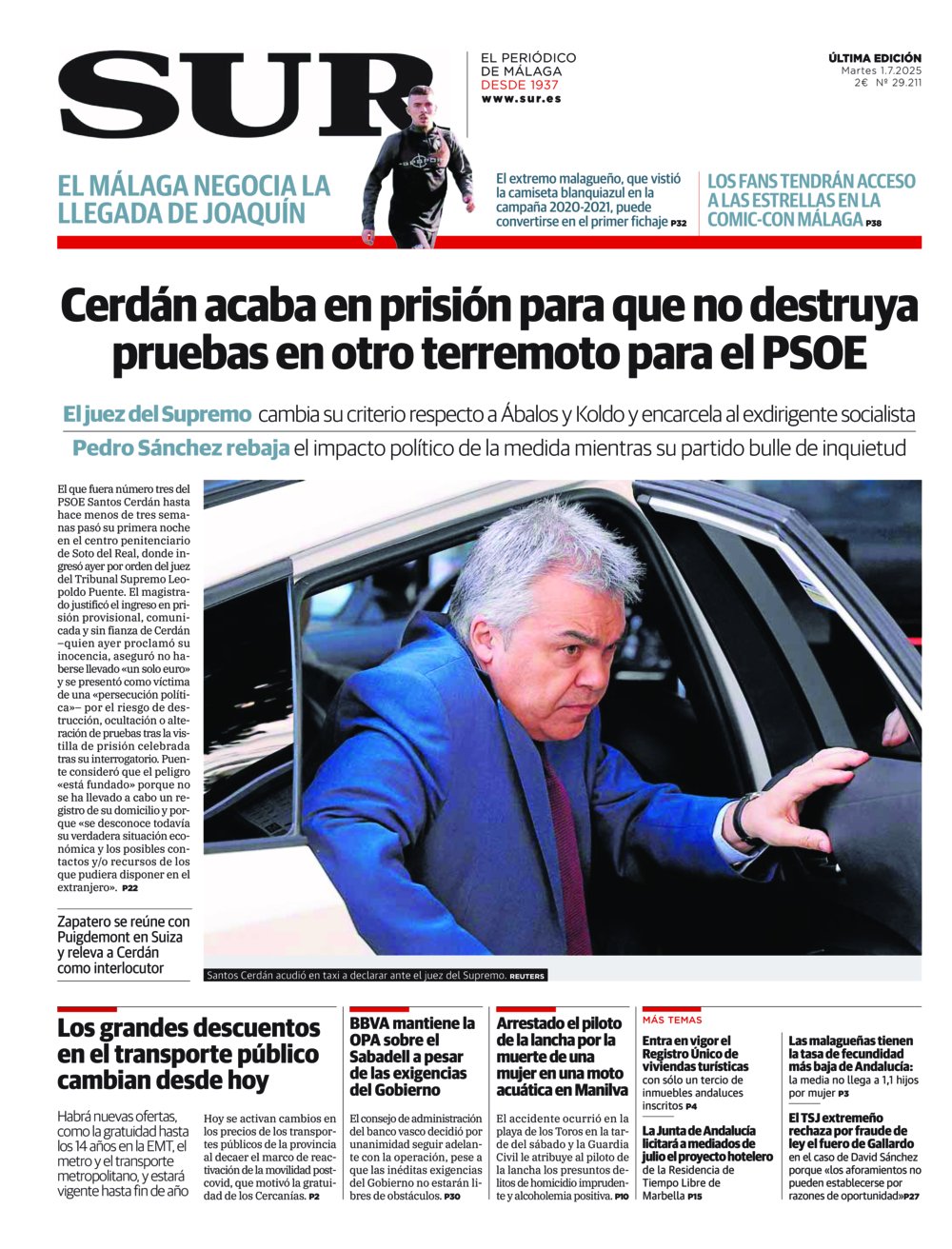 Portada de SUR, 01 de Julio de 2025