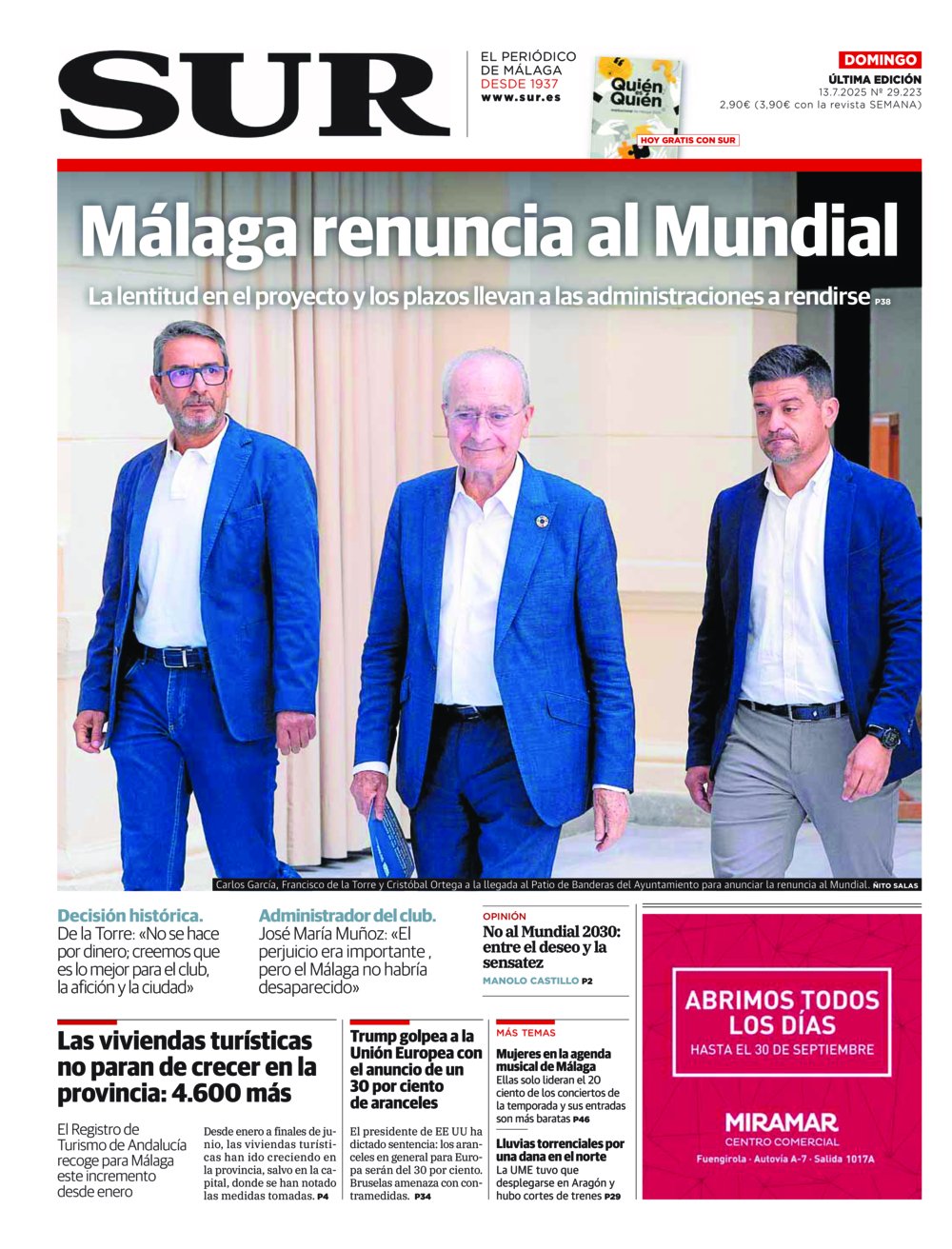Portada de SUR, 13 de Julio de 2025
