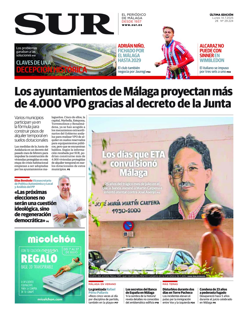 Portada de SUR, 14 de Julio de 2025