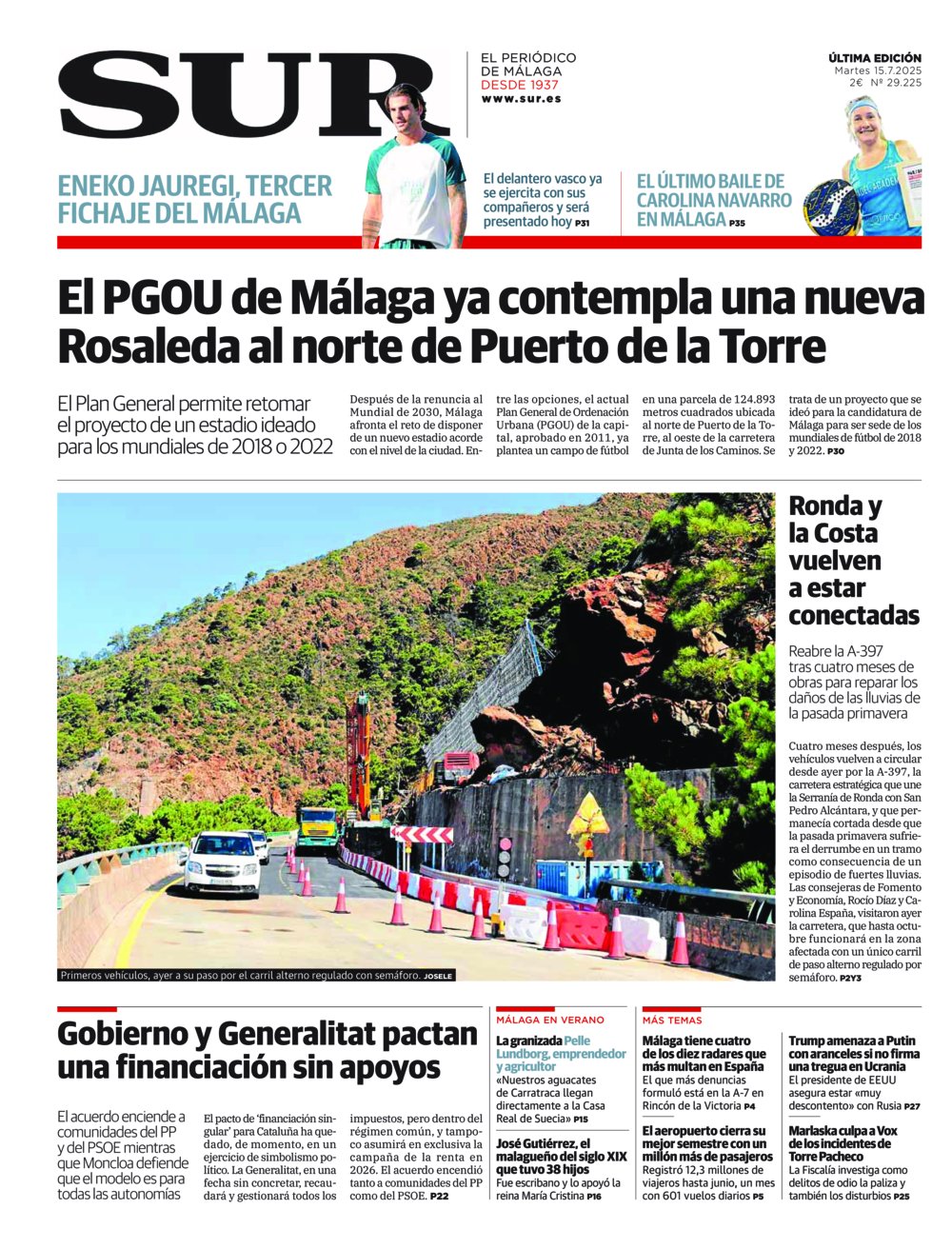 Portada de SUR, 15 de Julio de 2025