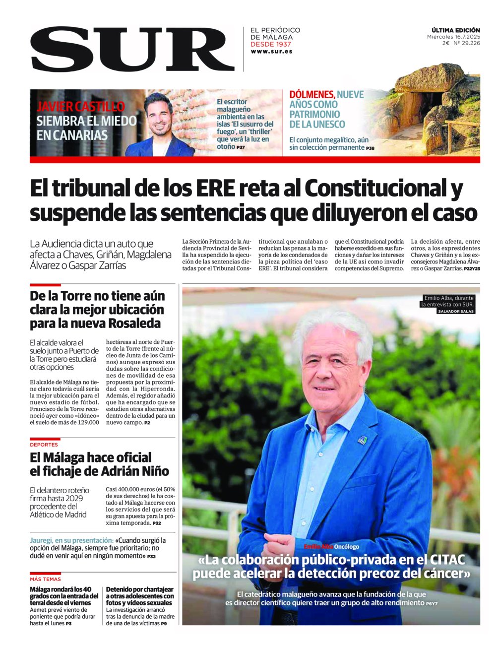 Portada de SUR, 16 de Julio de 2025
