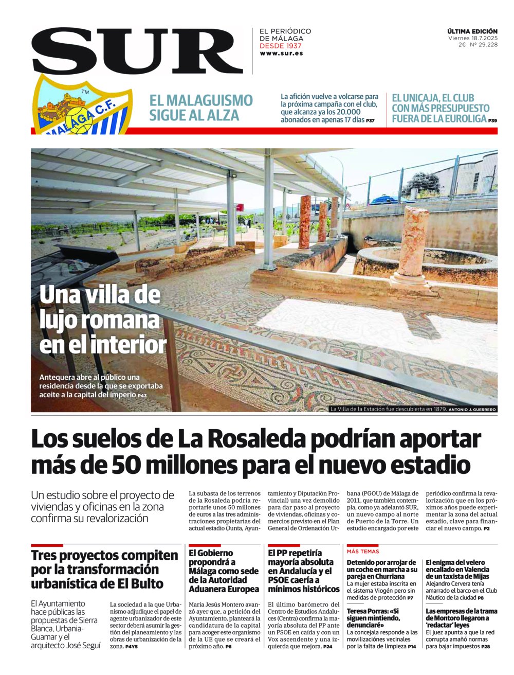 Portada de SUR, 18 de Julio de 2025