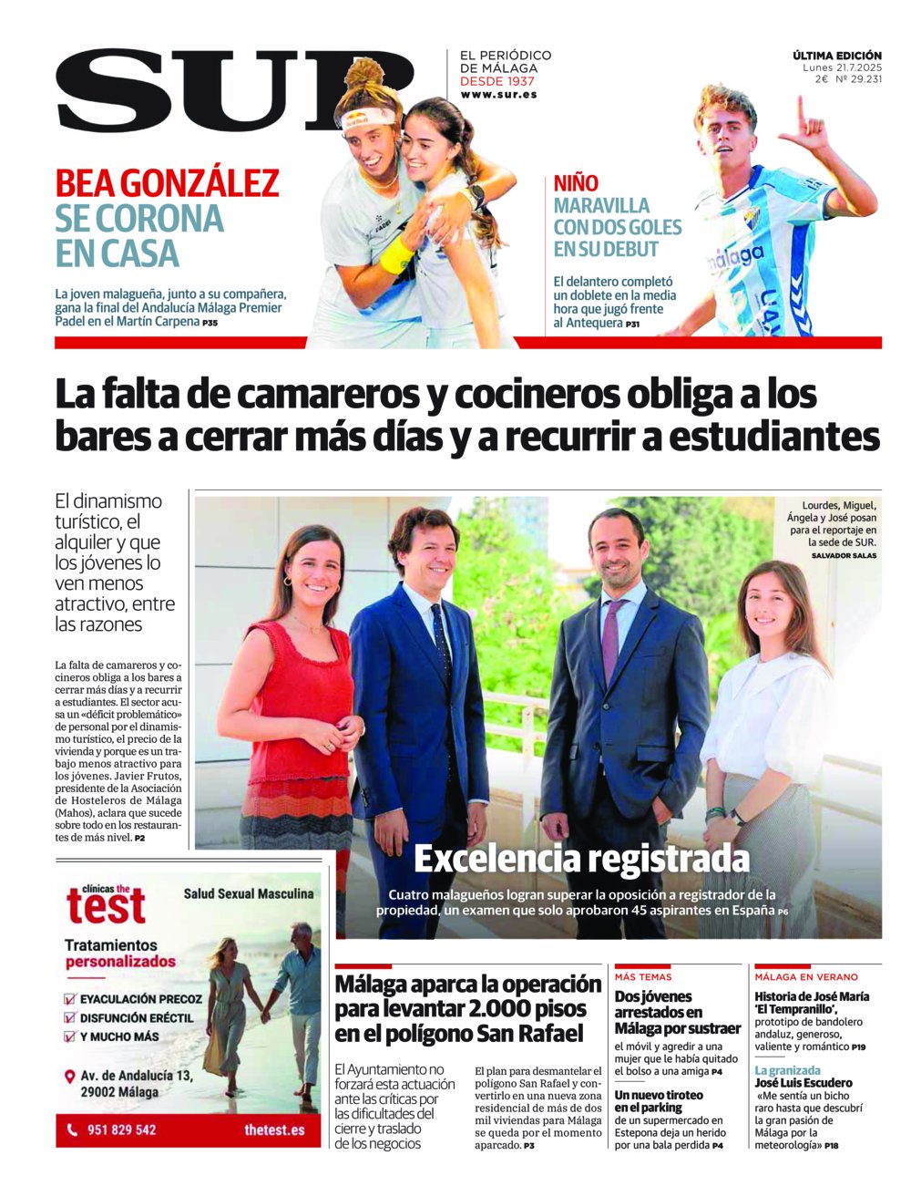 Portada de SUR, 21 de Julio de 2025