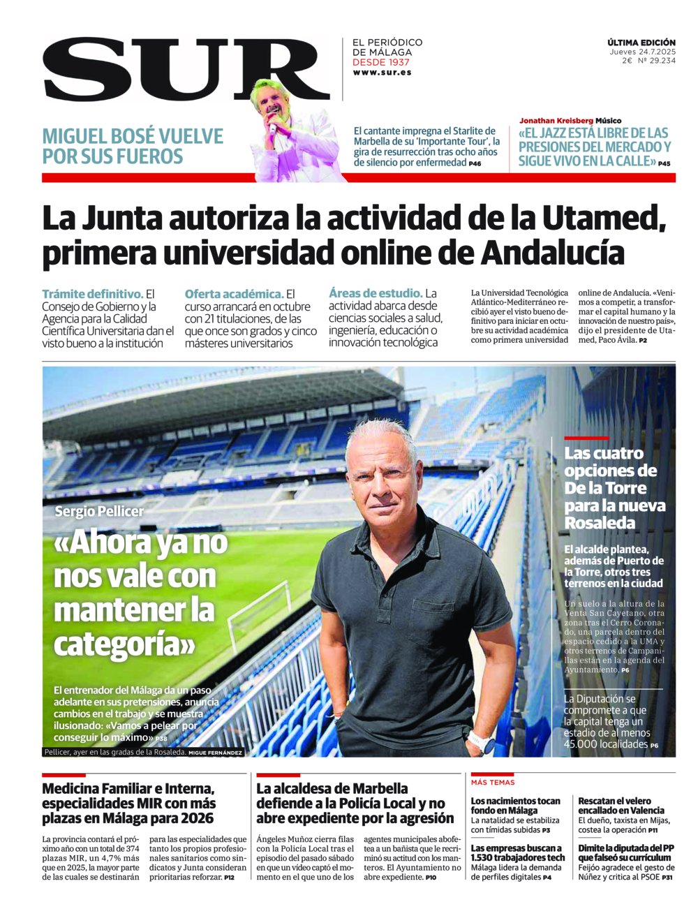 Portada de SUR, 24 de Julio de 2025