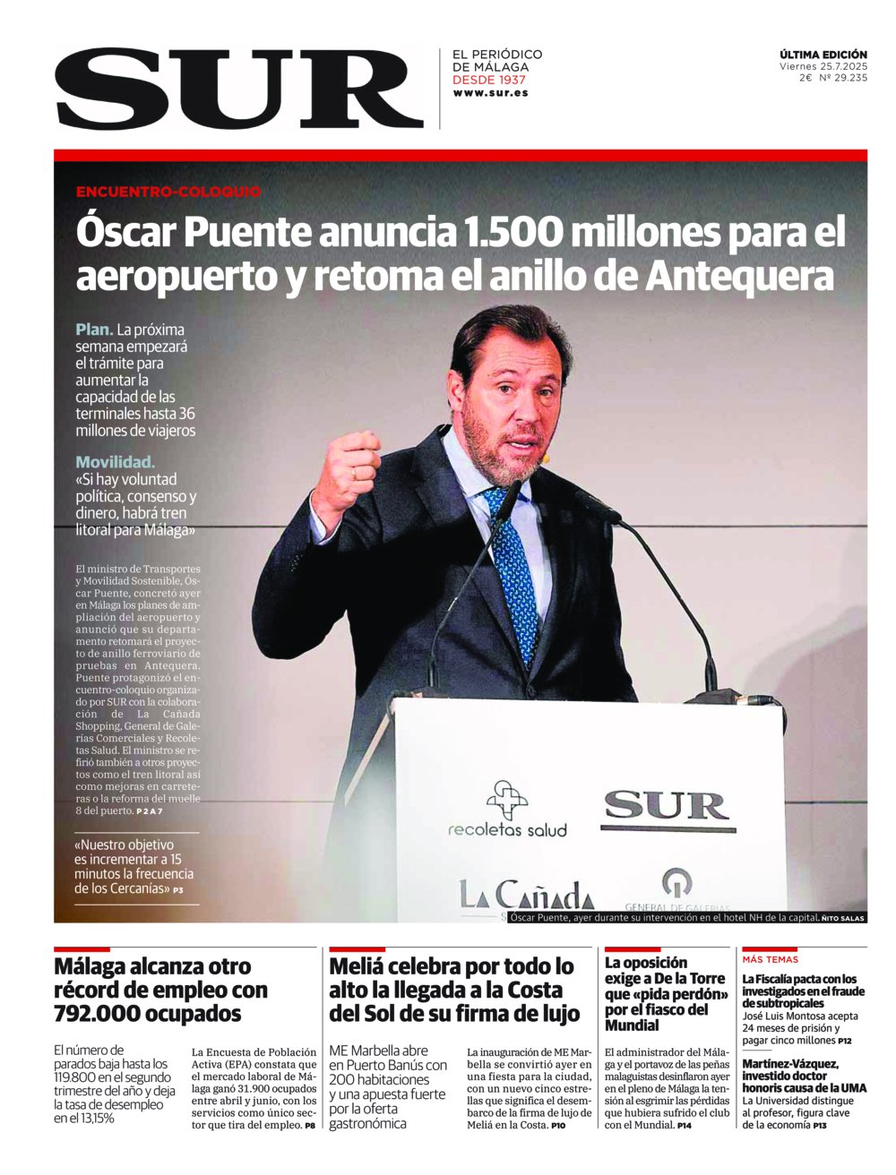 Portada de SUR, 25 de Julio de 2025