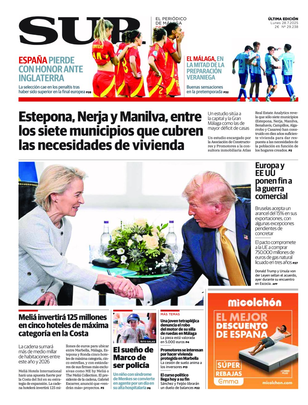 Portada de SUR, 28 de Julio de 2025