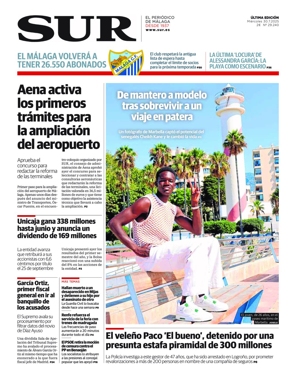 Portada de SUR, 30 de Julio de 2025