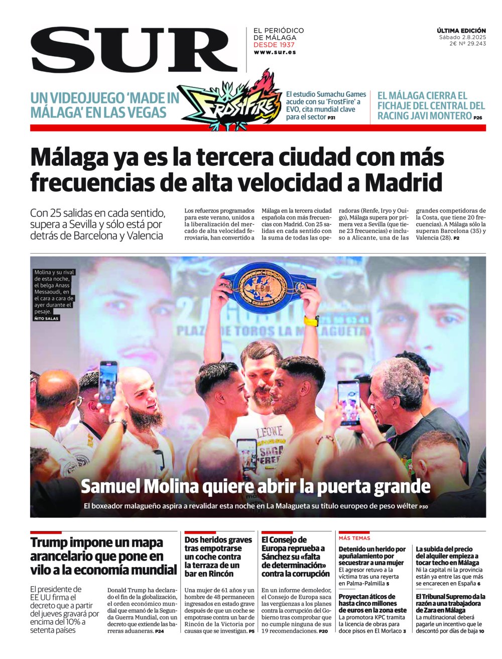 Portada de SUR, 02 de Agosto de 2025