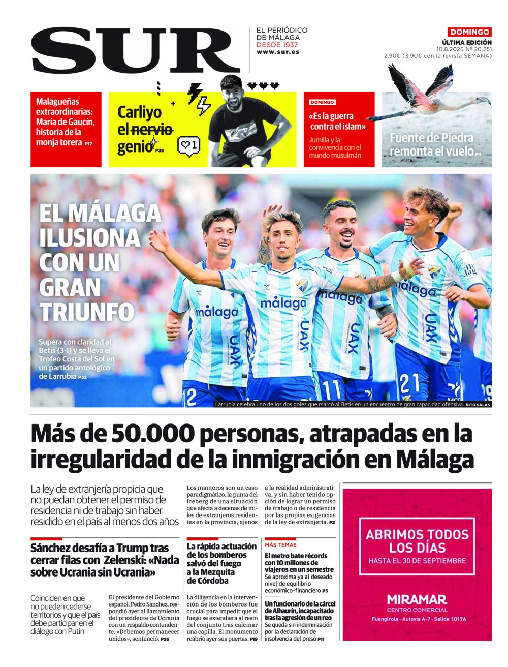 Portada de SUR, 10 de Agosto de 2025