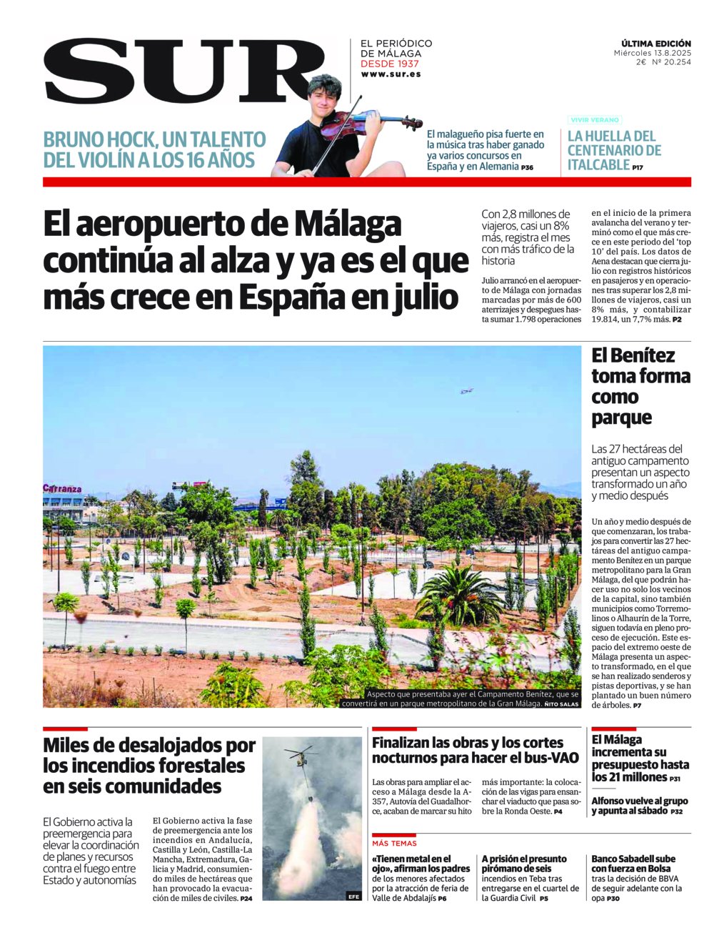 Portada de SUR, 13 de Agosto de 2025