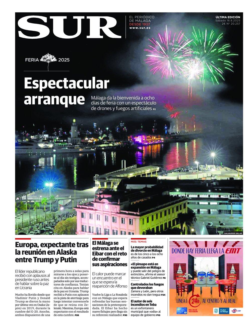 Portada de SUR, 16 de Agosto de 2025