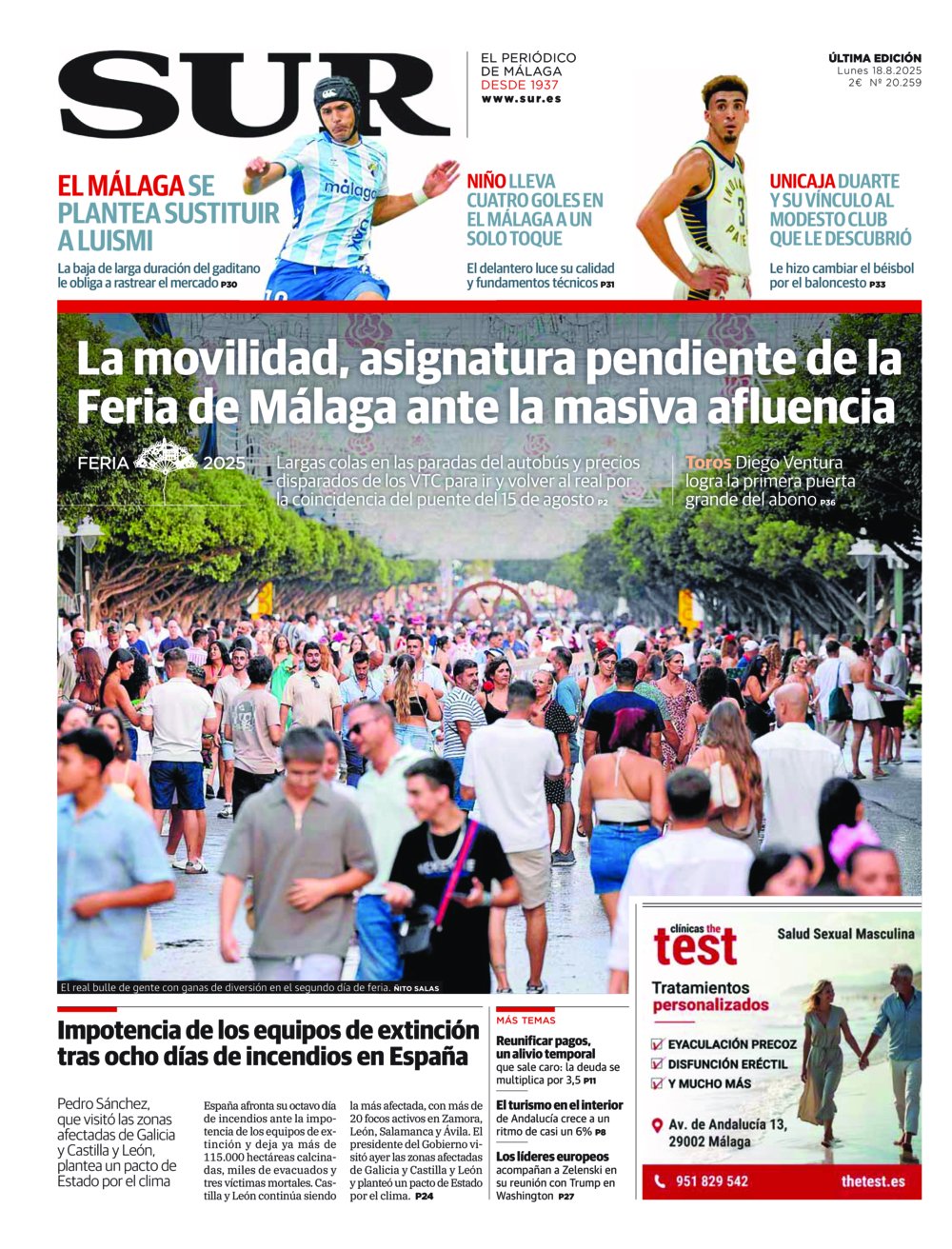 Portada de SUR, 18 de Agosto de 2025