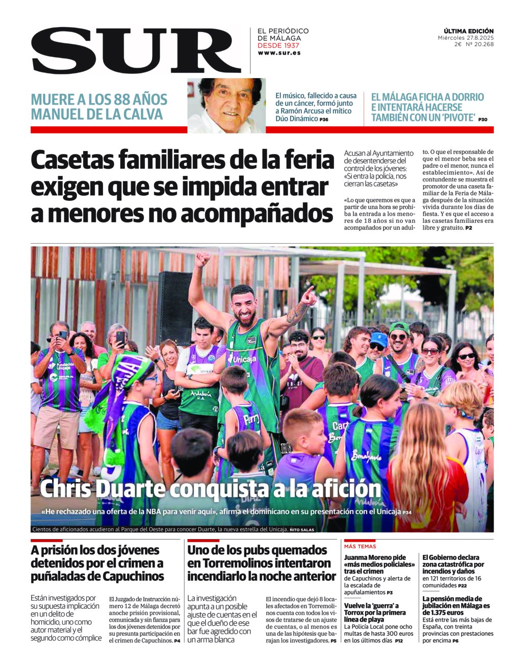 Portada de SUR, 27 de Agosto de 2025