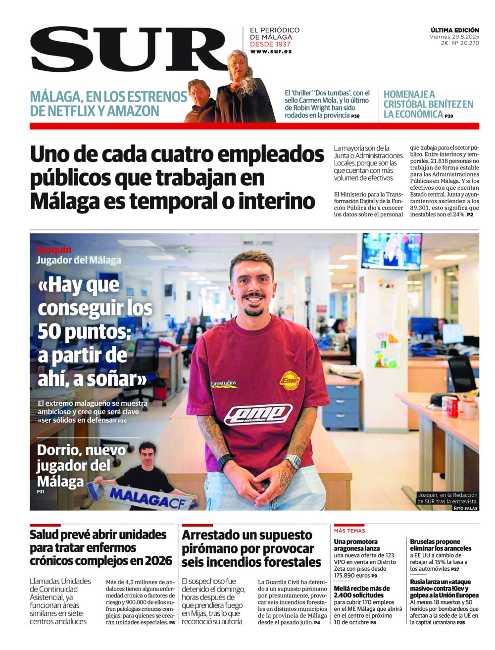 Portada de SUR, 29 de Agosto de 2025