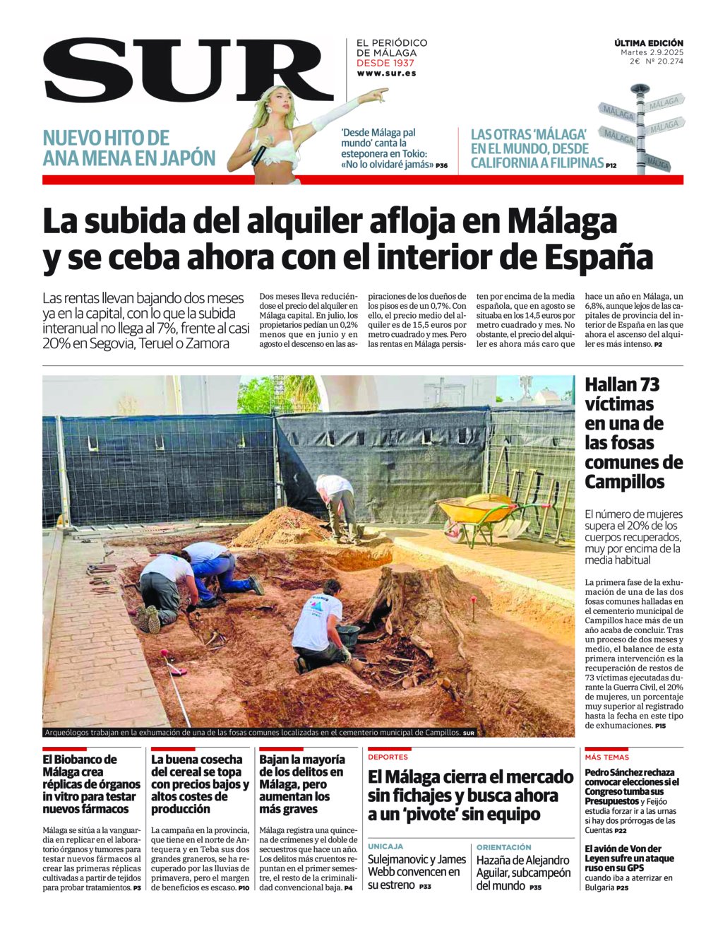 Portada de SUR, 02 de Septiembre de 2025