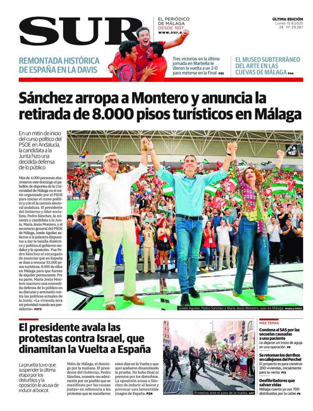 Portada de SUR, 15 de Septiembre de 2025