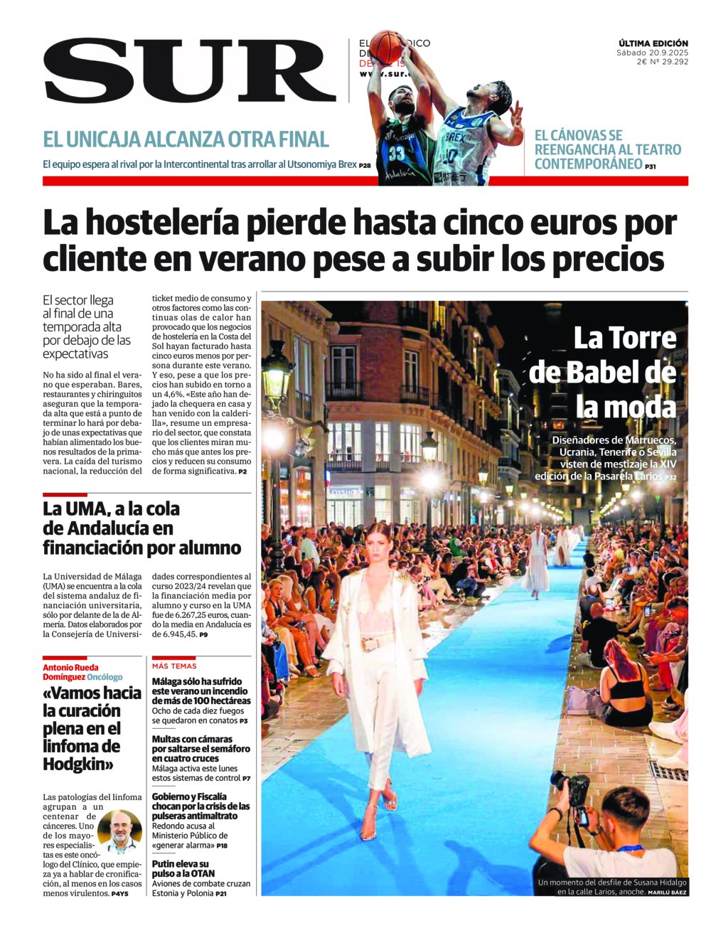 Portada de SUR, 20 de Septiembre de 2025