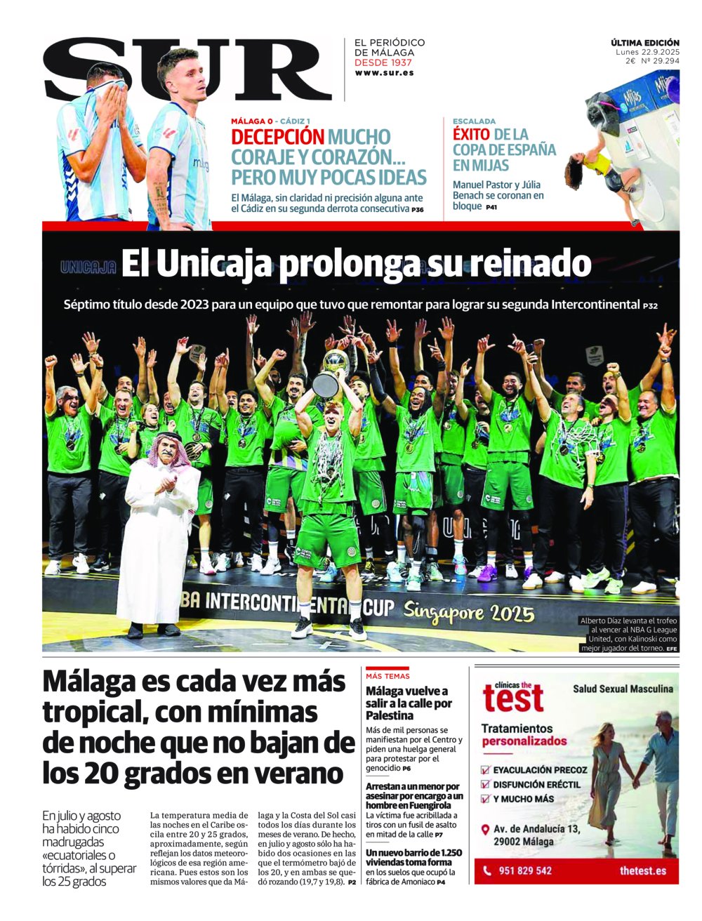 Portada de SUR, 22 de Septiembre de 2025