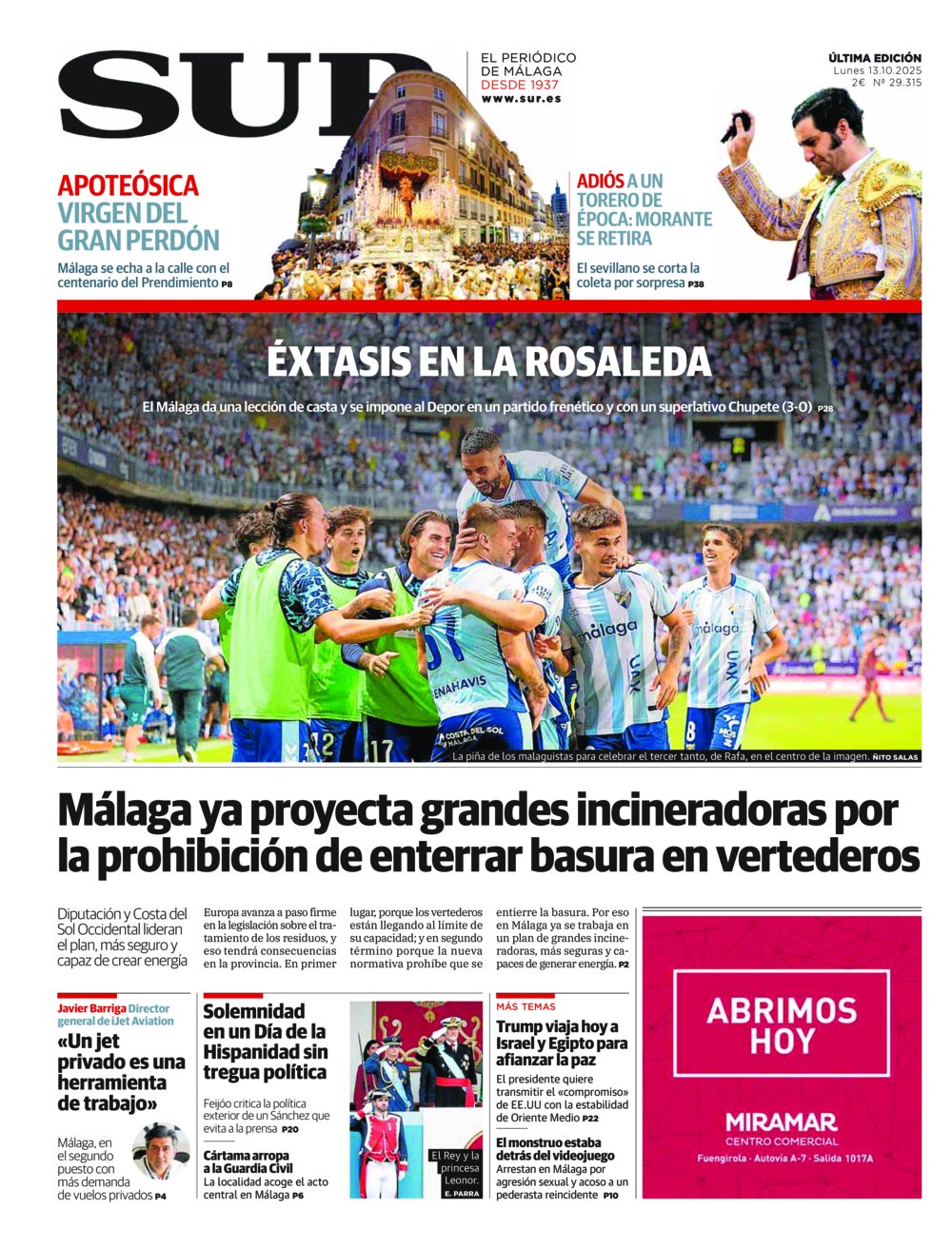 Portada de SUR, 13 de Octubre de 2025
