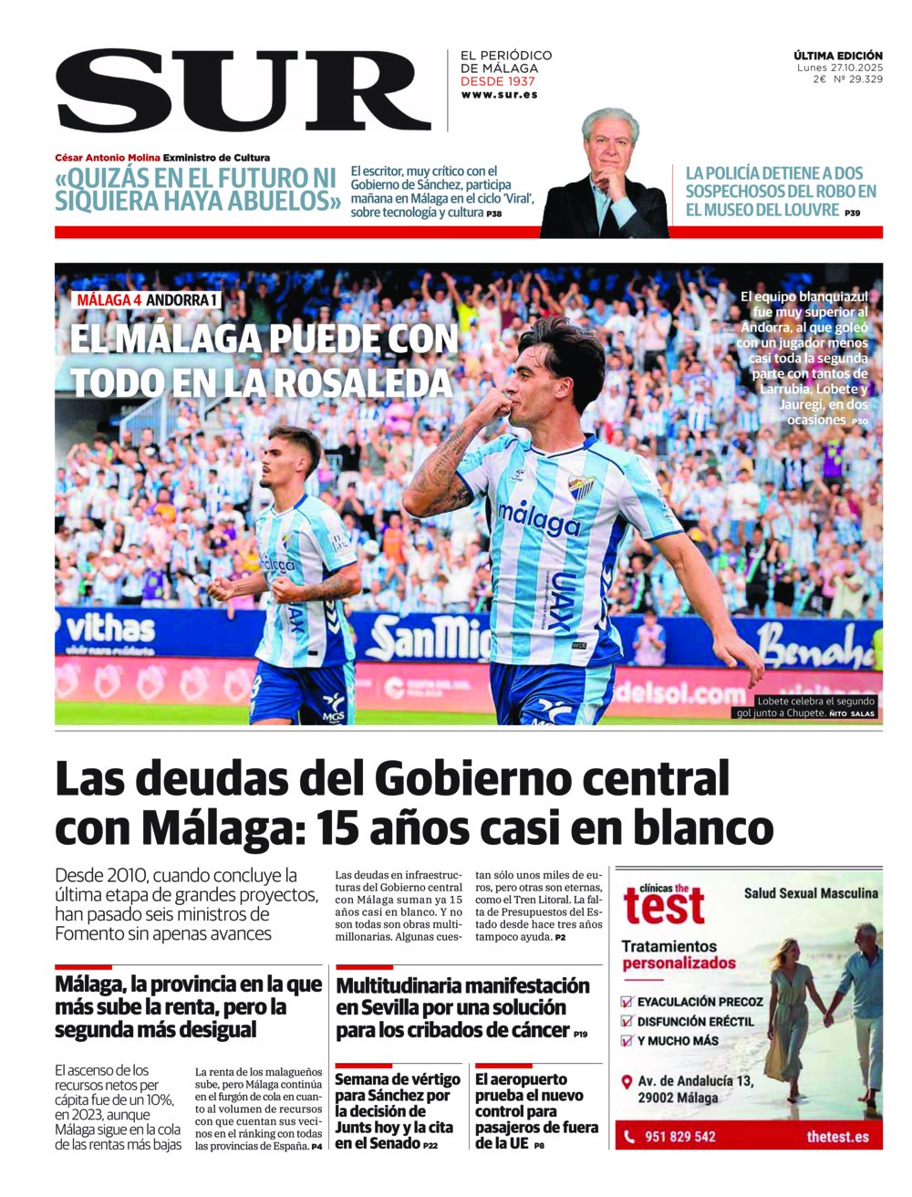 Portada de SUR, 27 de Octubre de 2025