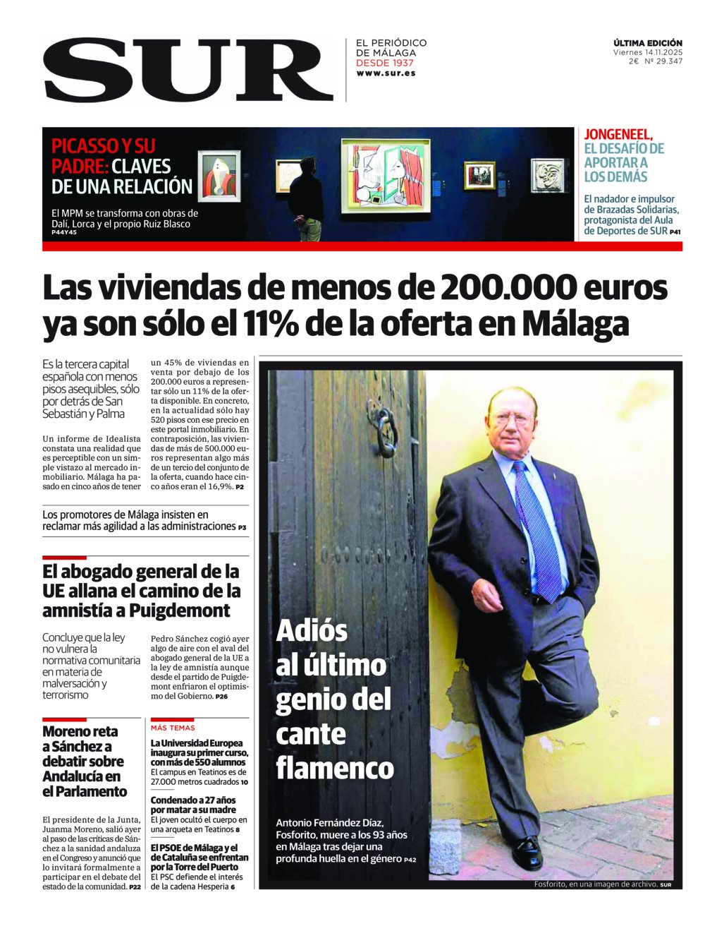 Portada de SUR, 14 de Noviembre de 2025