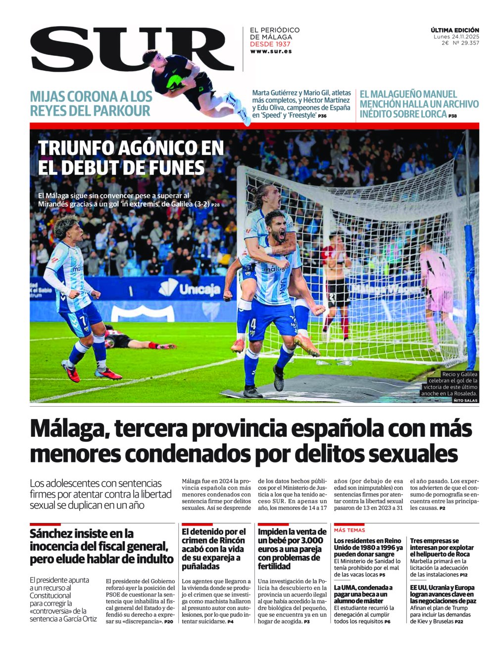 Portada de SUR, 24 de Noviembre de 2025