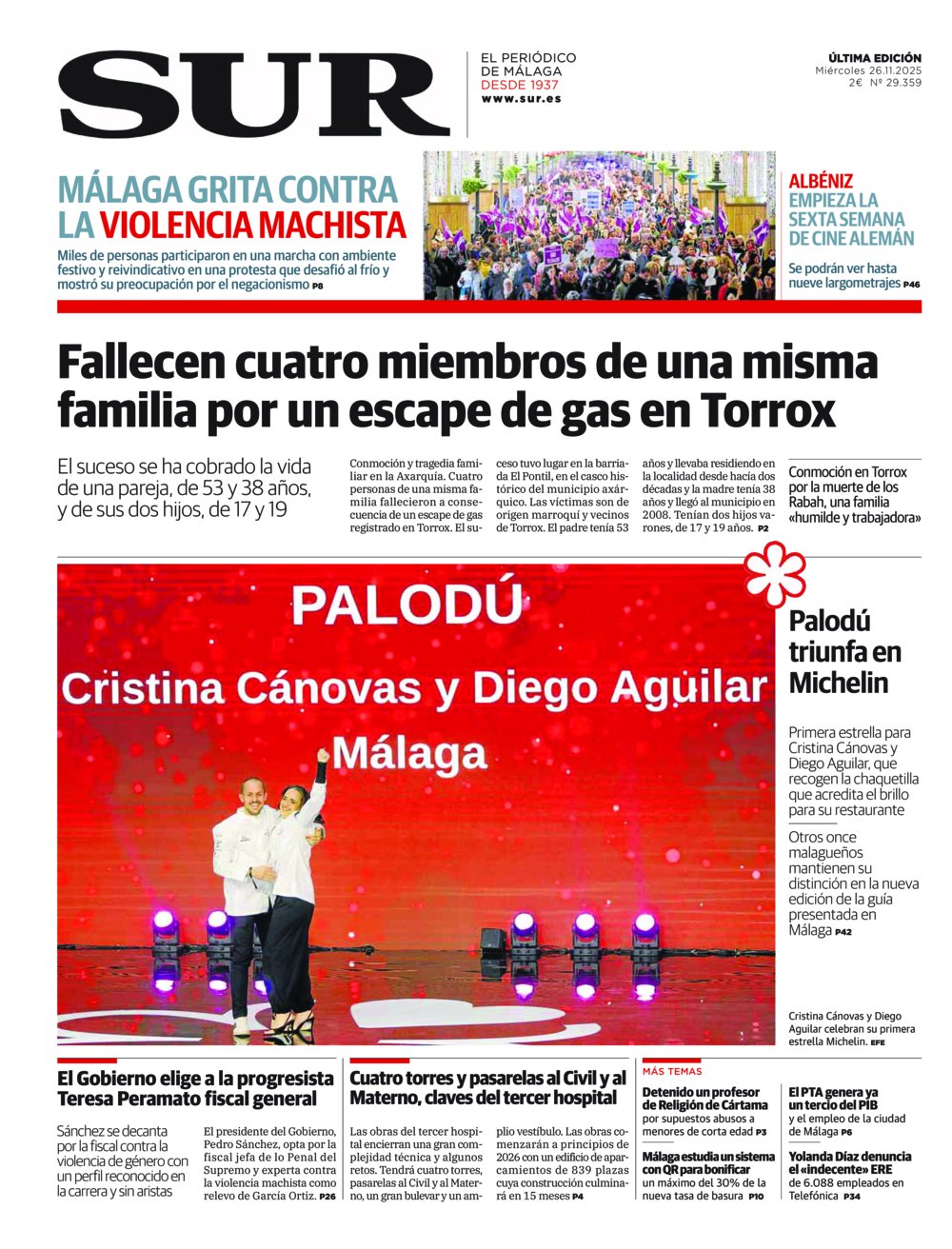 Portada de SUR, 26 de Noviembre de 2025