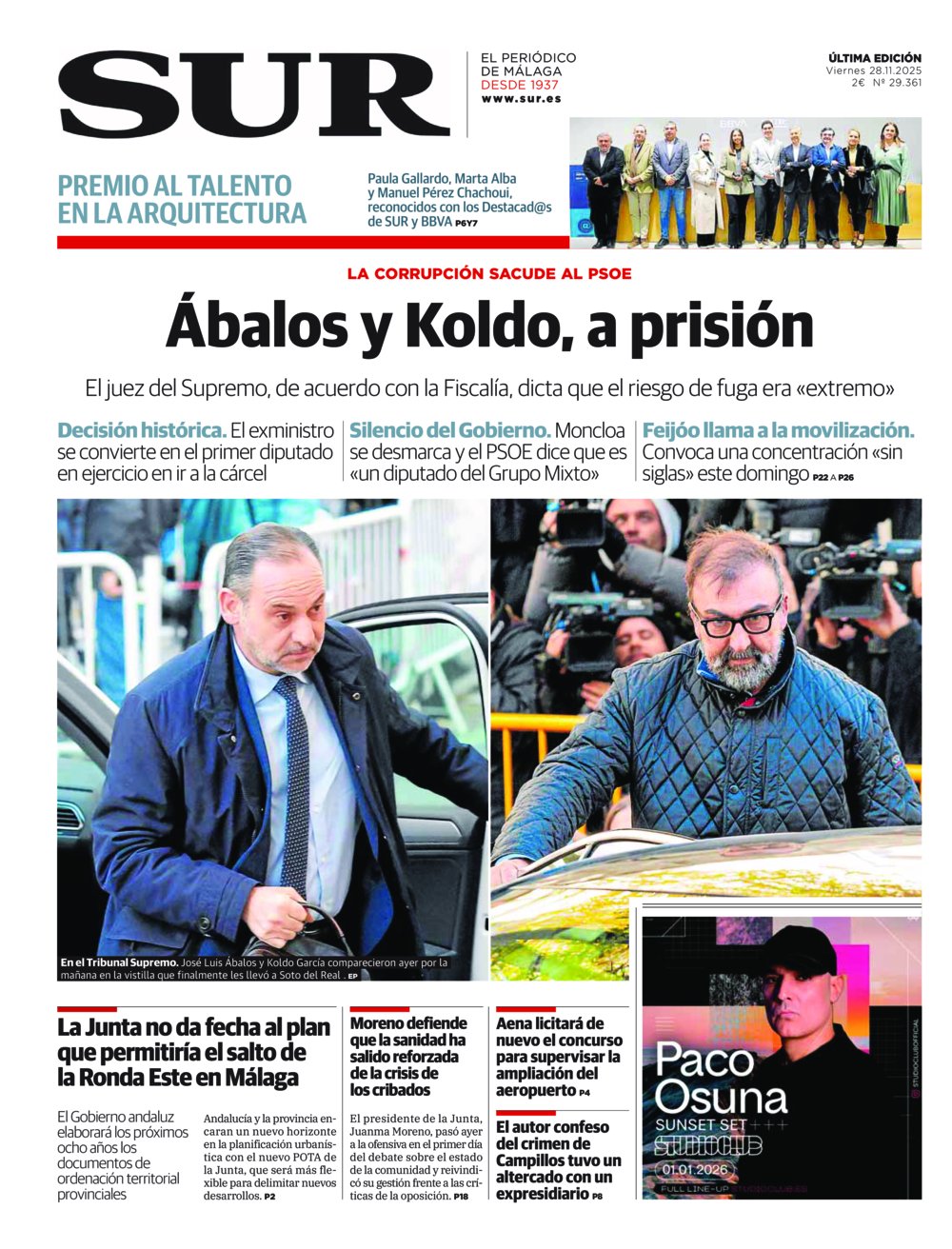 Portada de SUR, 28 de Noviembre de 2025