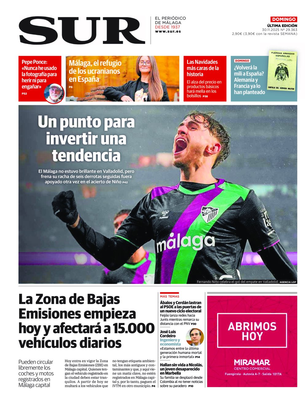Portada de SUR, 30 de Noviembre de 2025