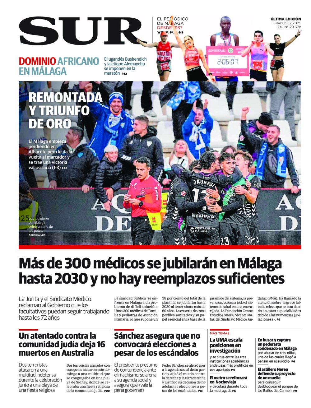 Portada de SUR, 15 de Diciembre de 2025