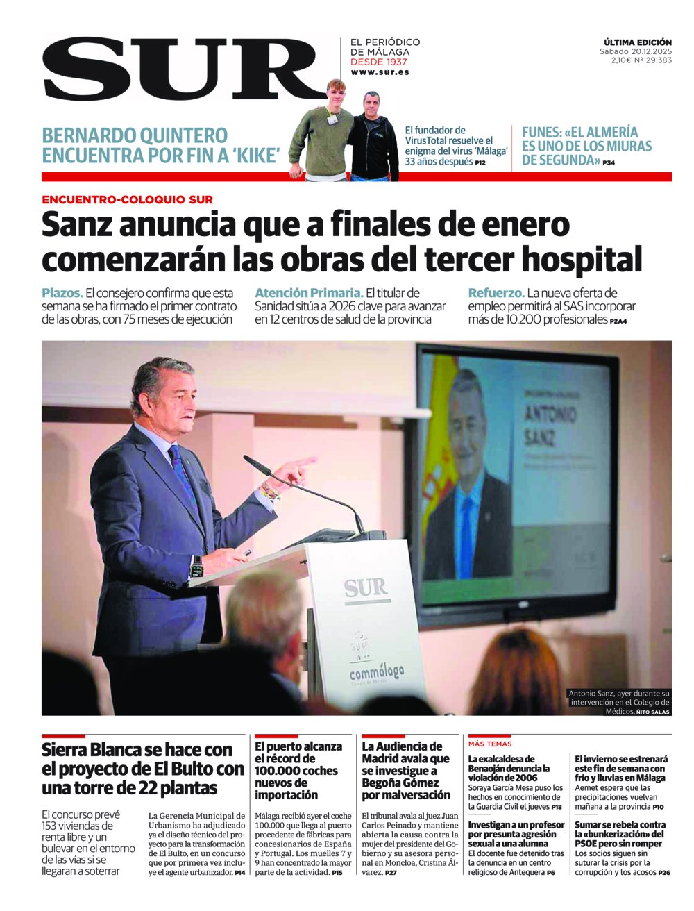 Portada de SUR, 20 de Diciembre de 2025