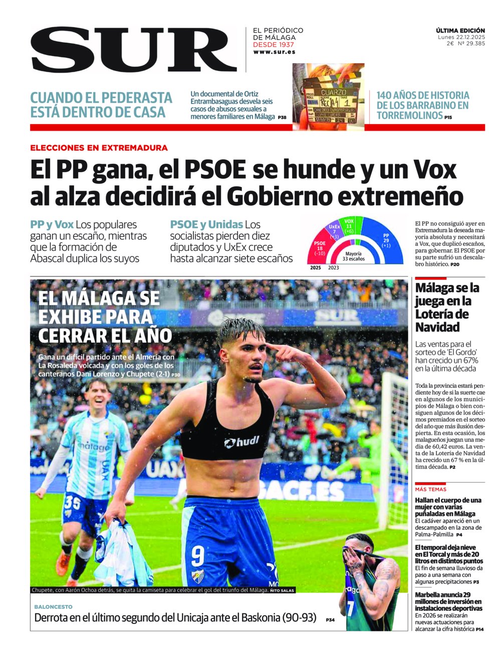 Portada de SUR, 22 de Diciembre de 2025