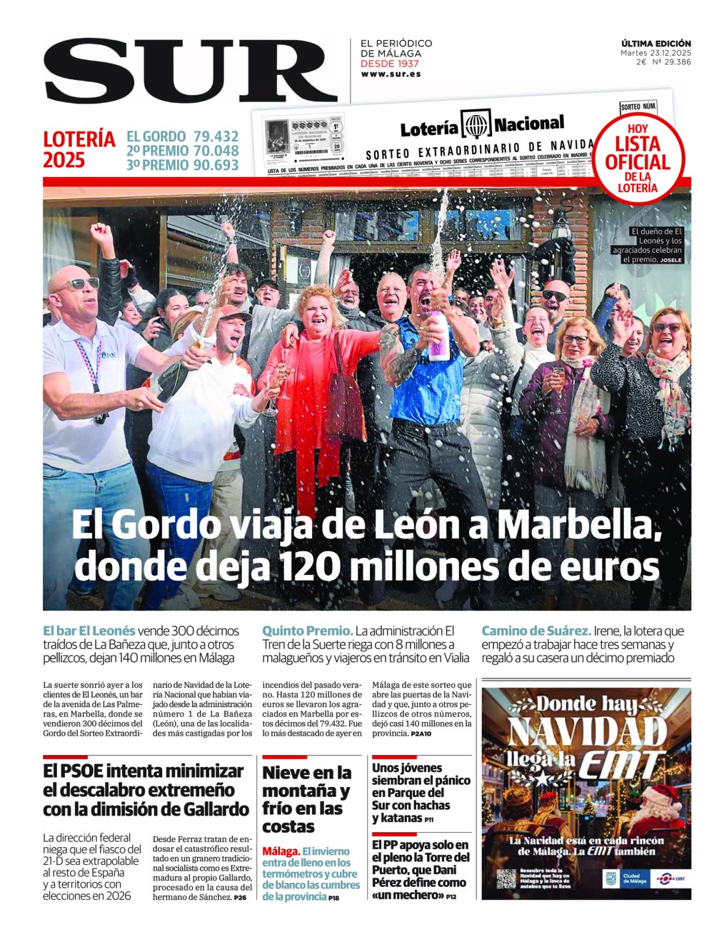 Portada de SUR, 23 de Diciembre de 2025