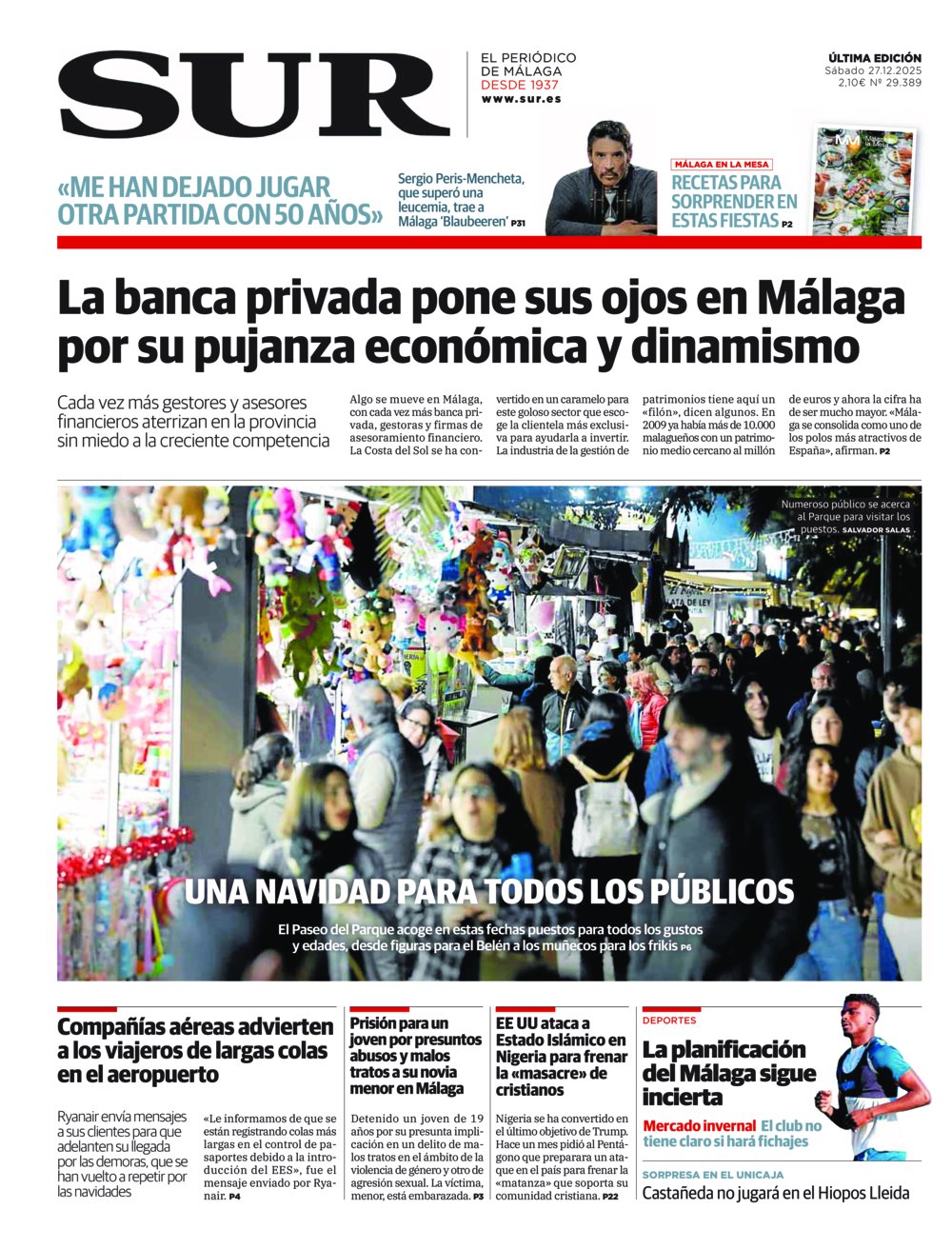 Portada de SUR, 27 de Diciembre de 2025