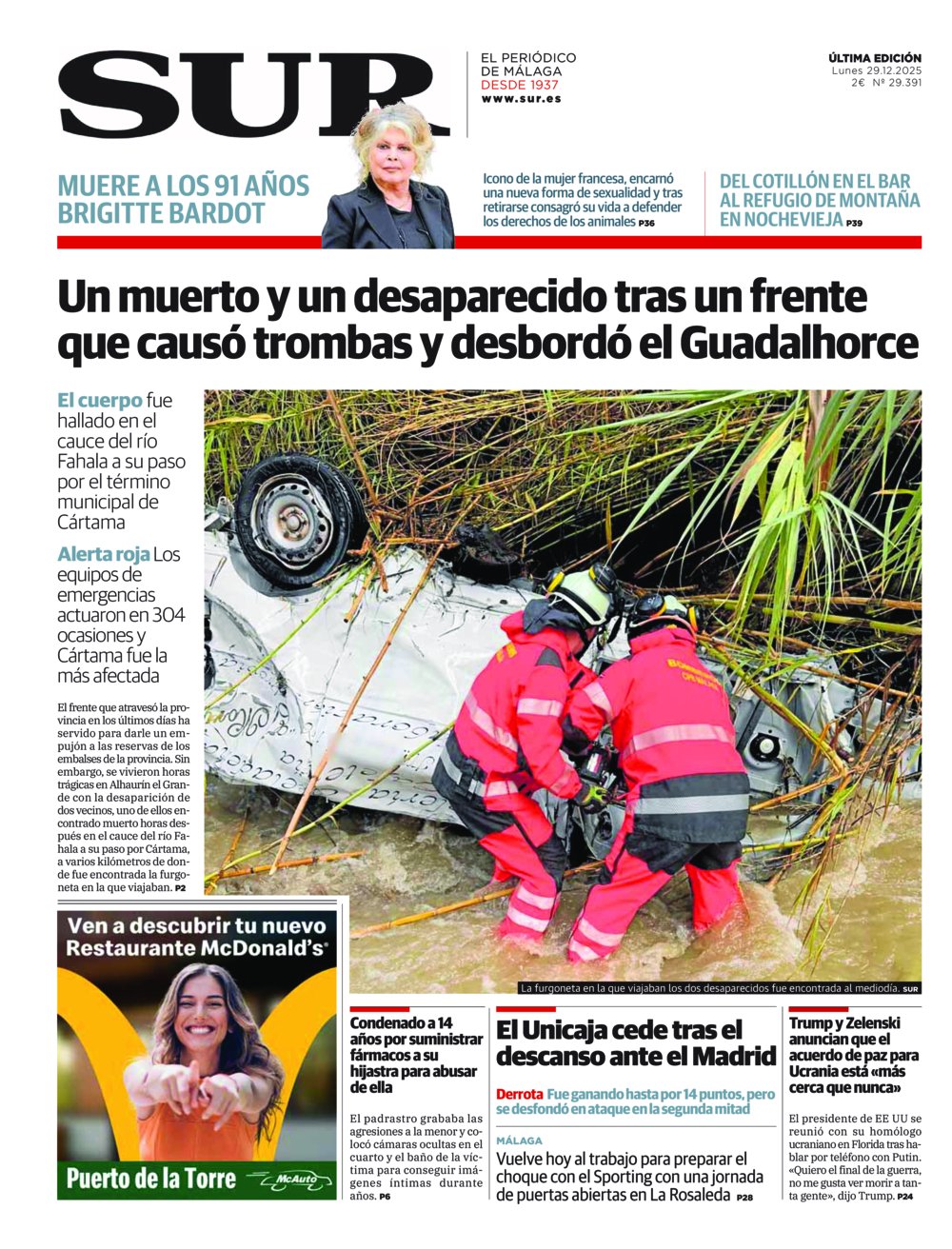 Portada de SUR, 29 de Diciembre de 2025